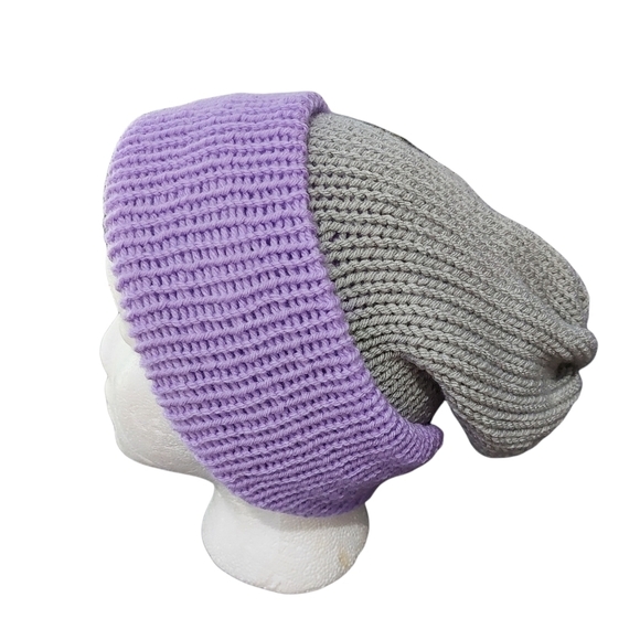 Hand Knit Unisex  Reversable Slouchy Hat In Shades Light Grey & Lilac - Picture 4 of 11
